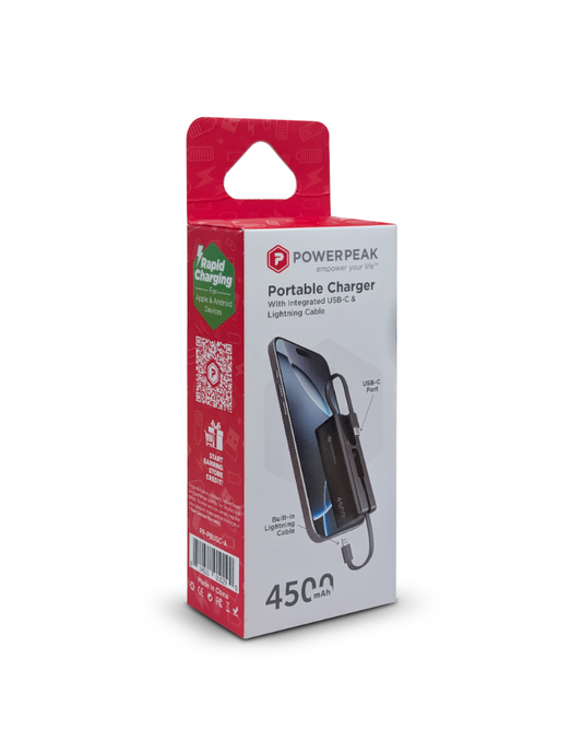 4500mah Portable Charger with Integrated USB-C & Lighting Cable