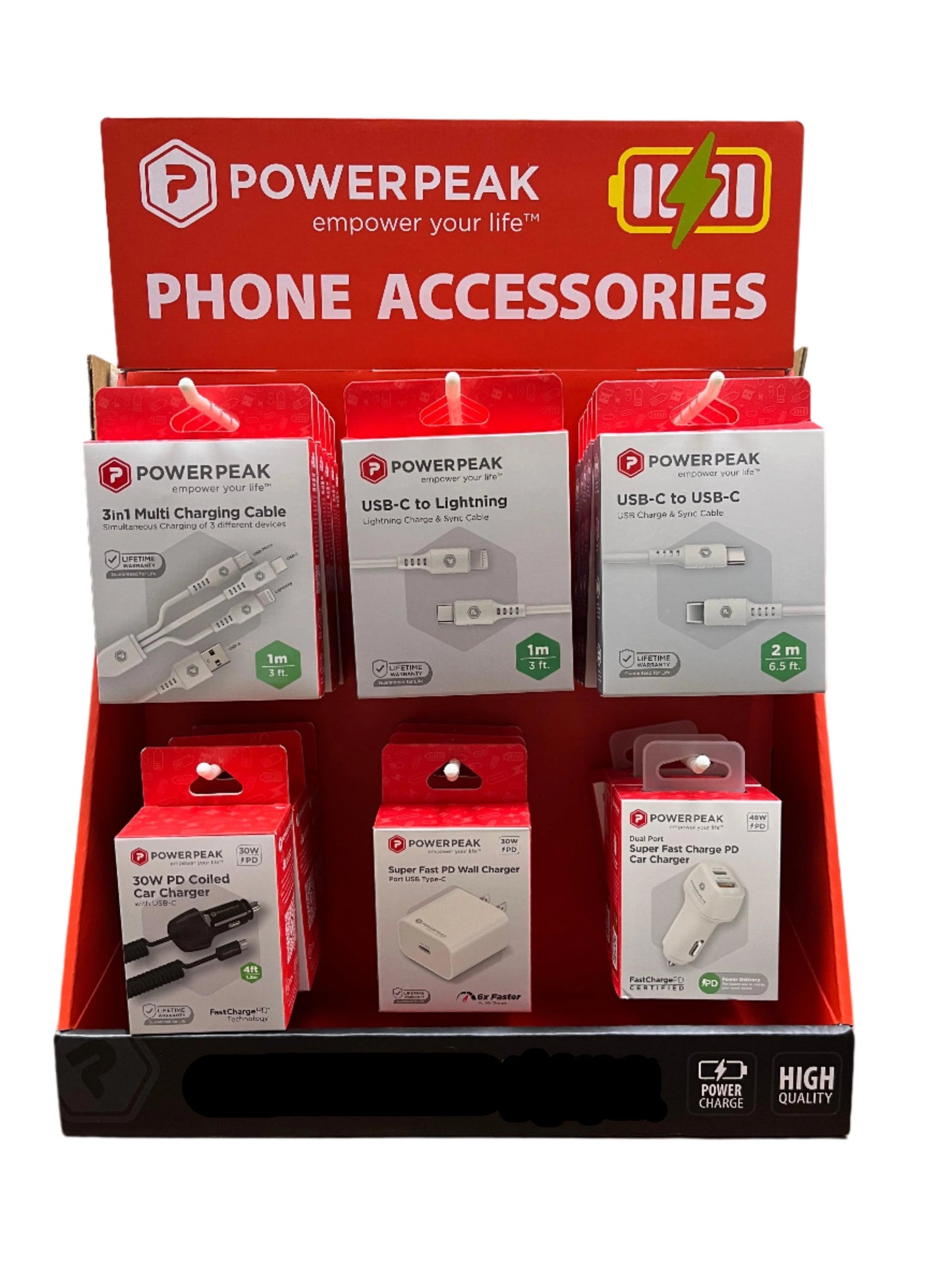 Display of PowerPeak phone accessories 