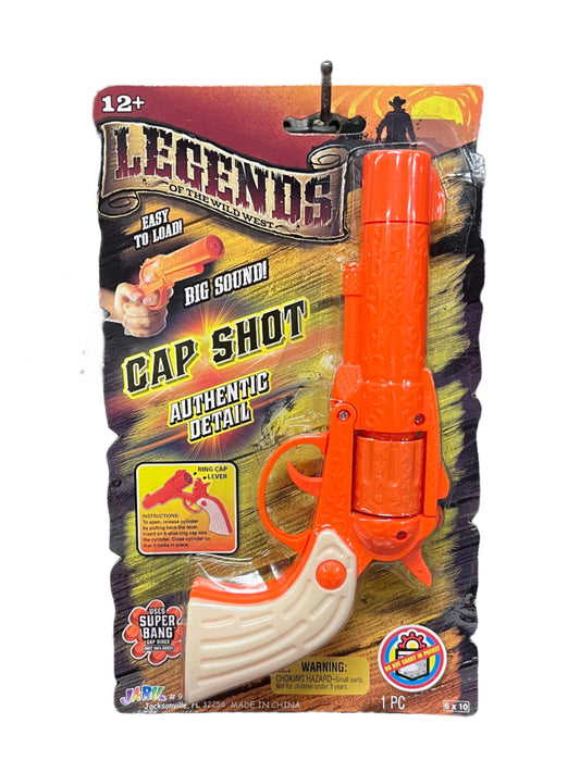 Orange toy gun in packaging with 'Legends' branding 