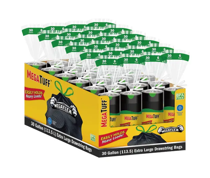 MegaTuff Drawstring Flex 30 Gallon Trash Bags 6ct 24/display