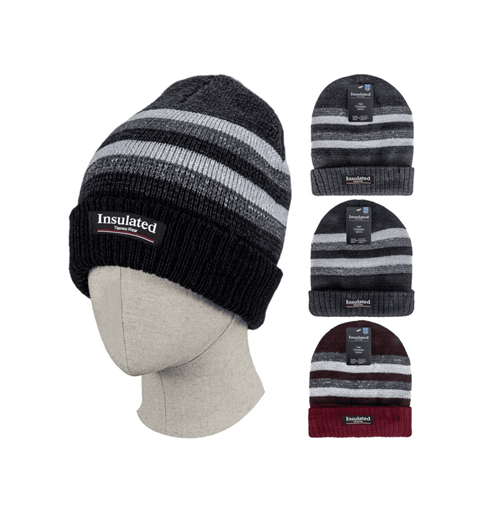 Insulated Men's Winter Stripe Beanie Hat With Fur Lining 12/bx