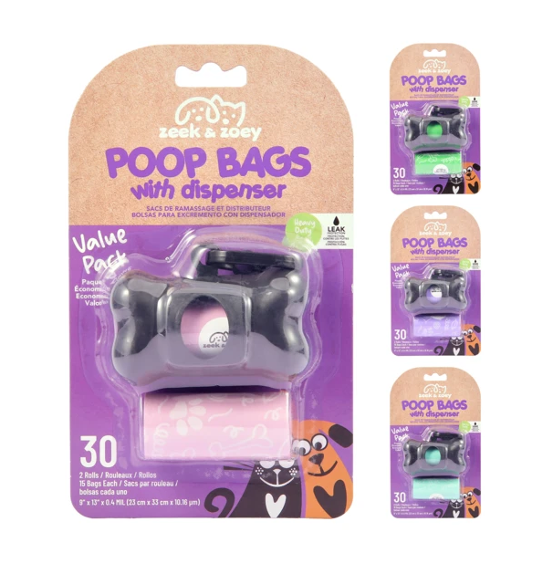 Zeek & Zoey Poop Bags 30ct With Dispenser 12/bx