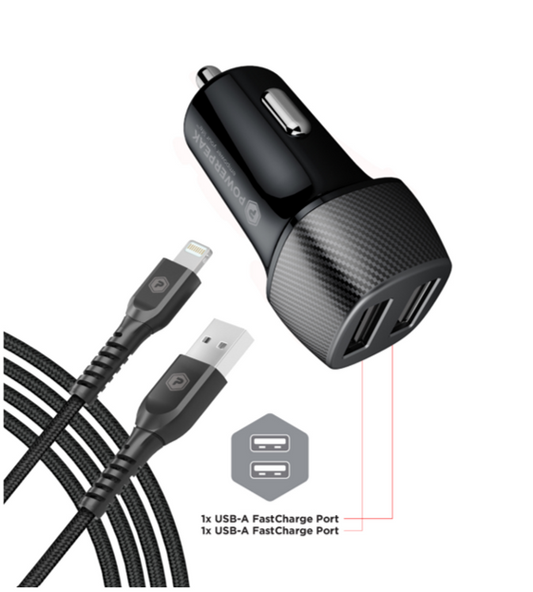 Rapid Vehicle Dual Port Charger with 4ft. Braided Lightning Cable