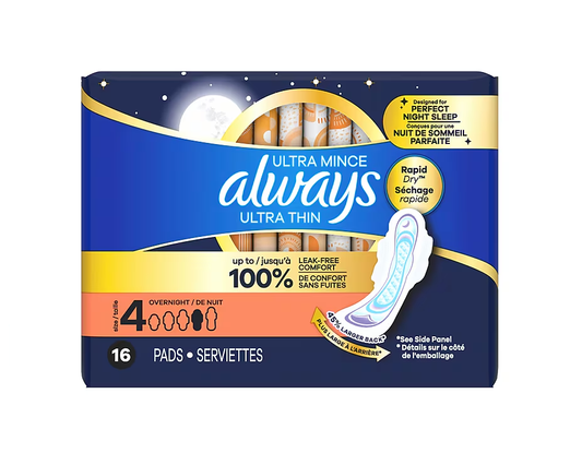 Always Ultra Thin w/Wings Overnight Sz 4 16ct, 6/bx